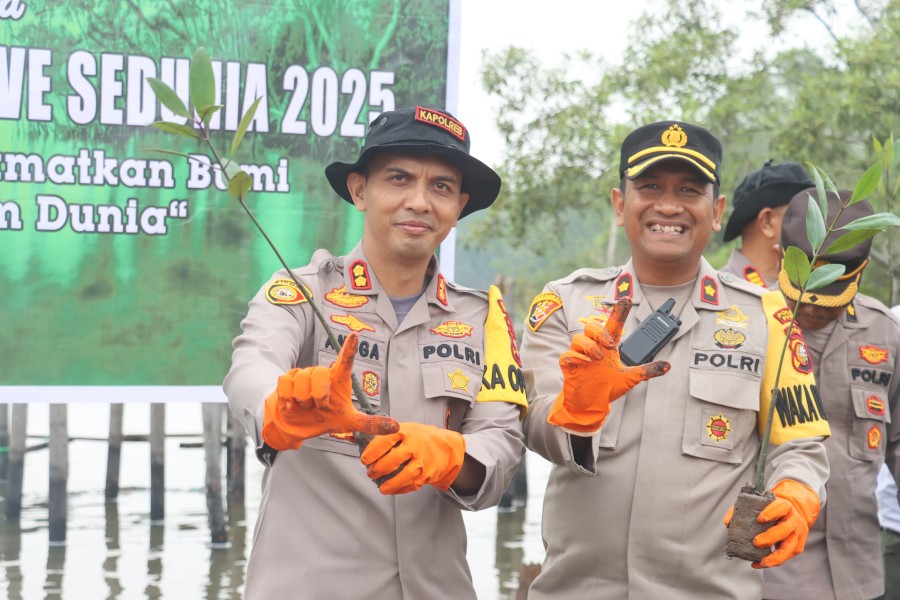 Polres Dumai peringatan Hari mangrove Sedunia Tahun 2025 Tanam Pohon Mangrove Di Pantai Purnama.