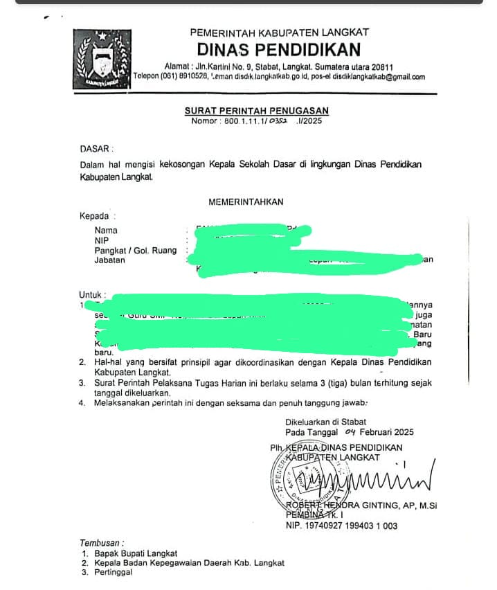 Heboh! SPT  PLH Kepsek  jadi Ajang Bisnis, SK Plt Kadis Pendidikan Langkat Resahkan Ribuan Guru SD