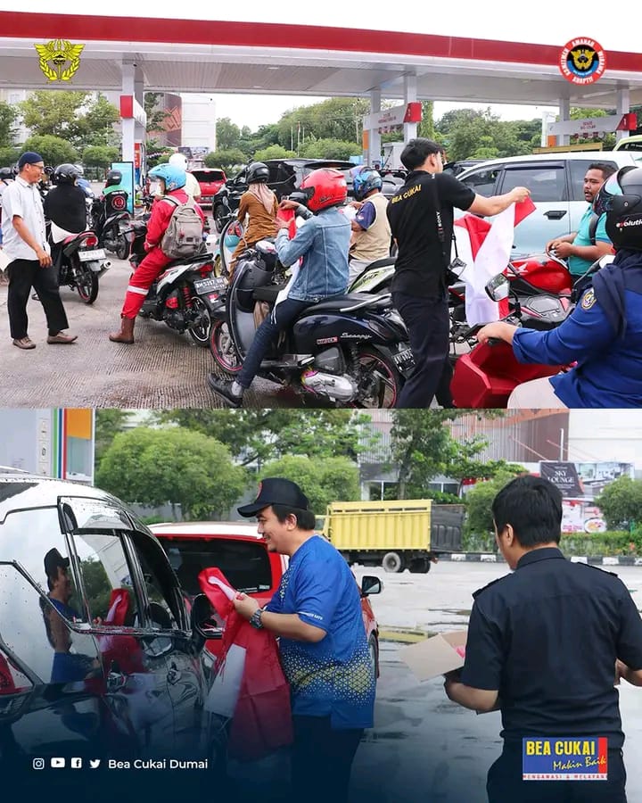 KPPBC TMP B Dumai Berpartisipasi dalam Peringatan HUT RI ke-80 Membagikan Bendera Merah Putih Kepada Warga