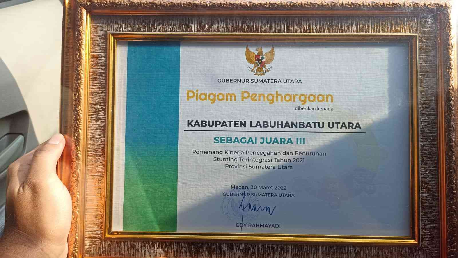 Pemkab Labura Raih juara III atas Kinerja Pencegahan Stunting Terintegrasi 