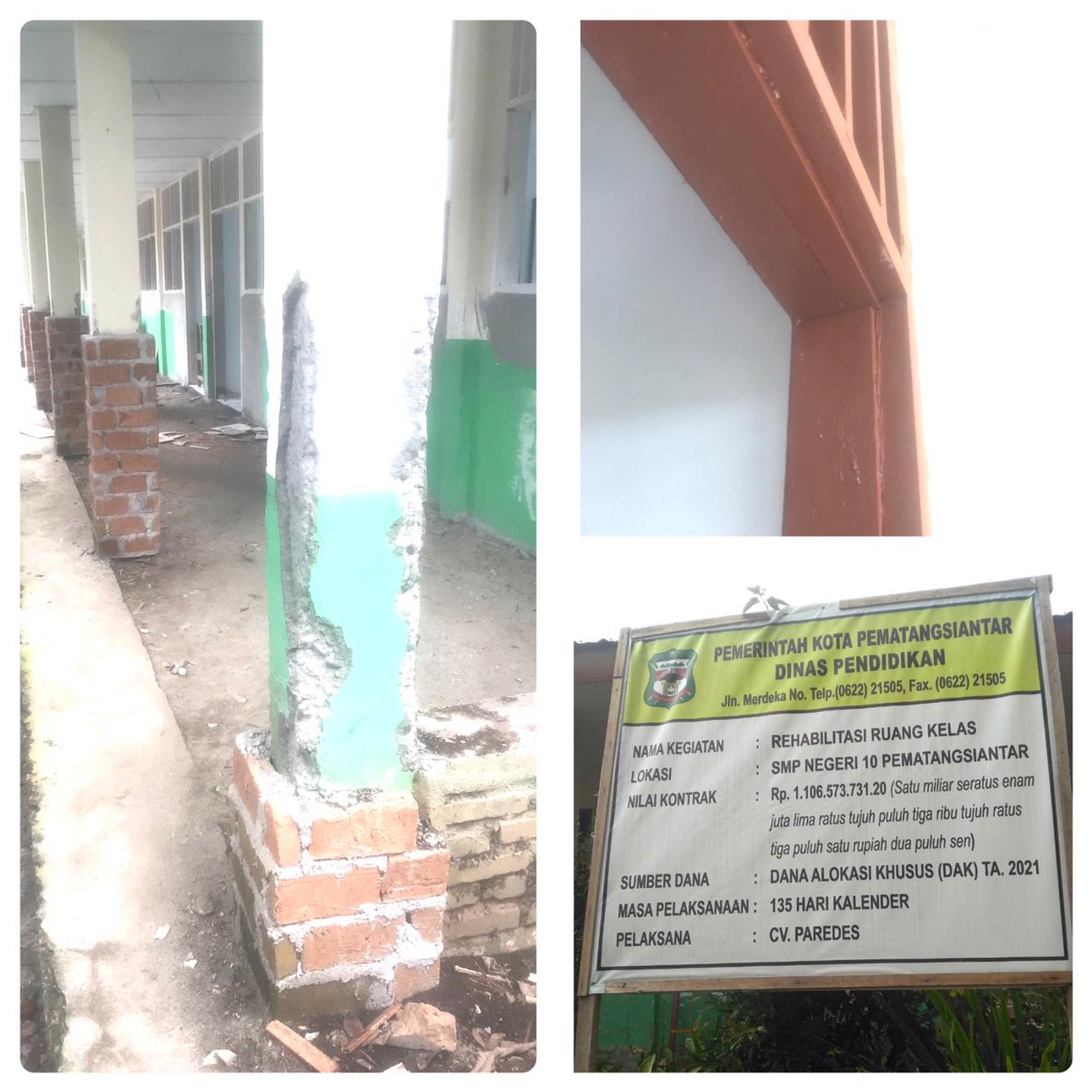Proyek Rehabilitasi SMPN 10 Pematangsiantar Rp 1,1 M Terkesan Dikerjakan Asalan