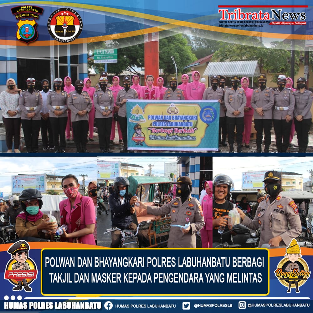 POLWAN dan Bhayangkari Membagikan Takjil serta Masker kepada Masyarakat.