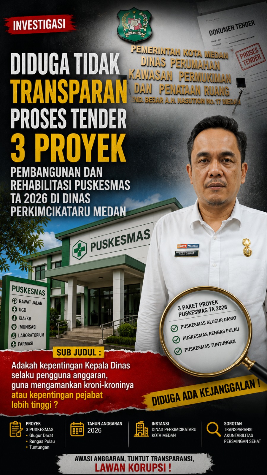 Diduga Tidak Transparan Proses Tender 3 Proyek Pembangunan dan Rehabilitasi Puskesmas TA 2026 di Dinas Perkimcikataru Medan