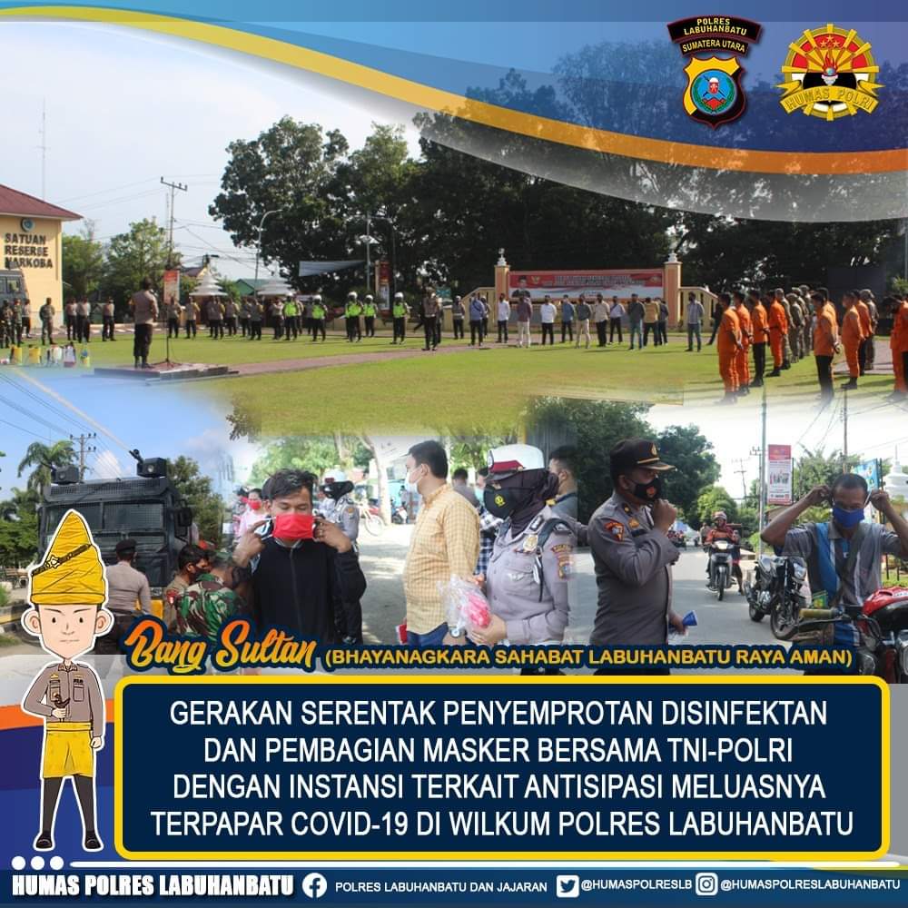 Polres Labuhanbatu menggelar penyemprotan ulang disinfektan dan pembagian masker kepada Masyarakat.
