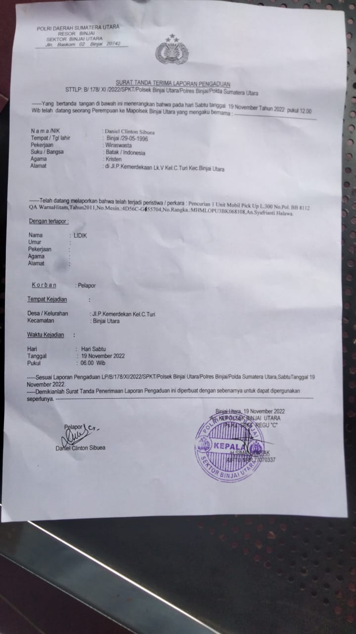 Seorang Warga Binjai kehilangan Sebuah Mobil Pick Up dari Rumahnya.