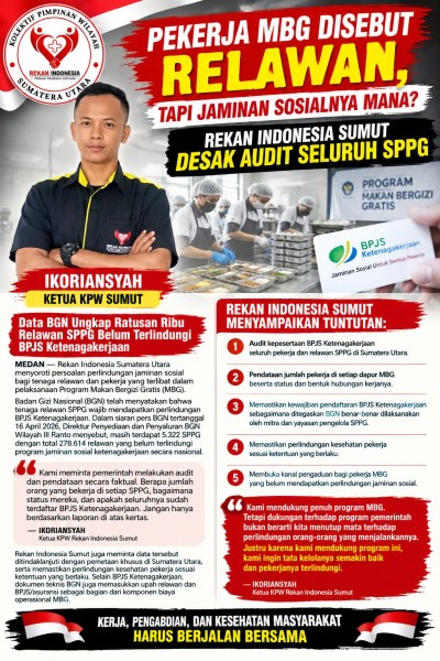 Pekerja MBG Disebut Relawan, Tapi Jaminan Sosialnya Mana? Rekan Indonesia Sumut Desak Audit Seluruh SPPG
