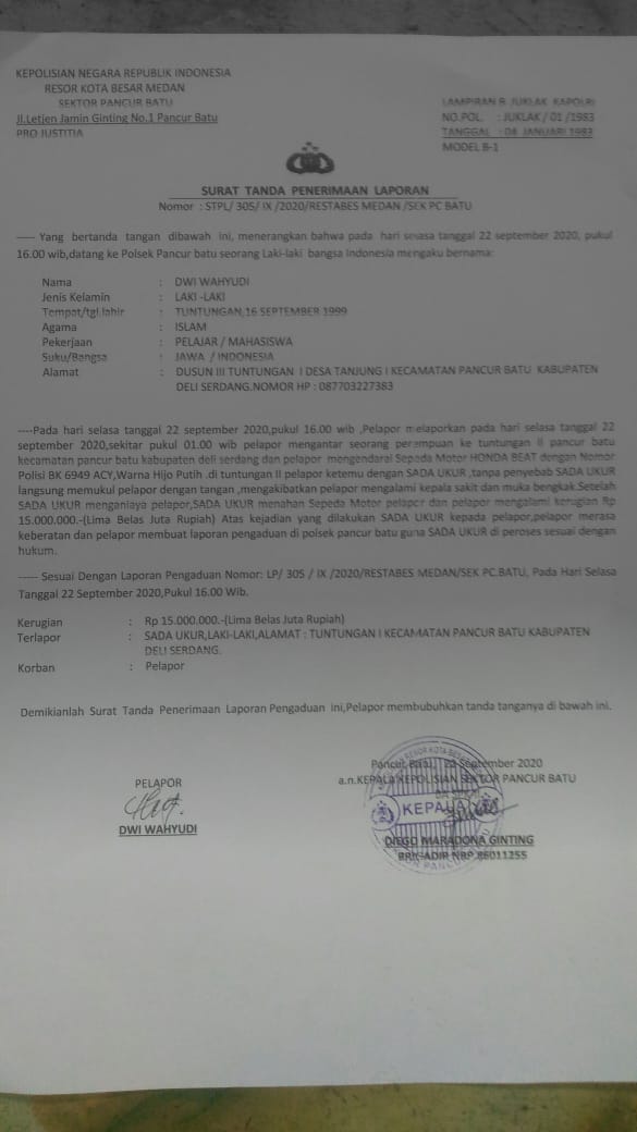 Kepala BPD Tuntungan I Polisikan Oknum Purnawirawan Perwira TNI