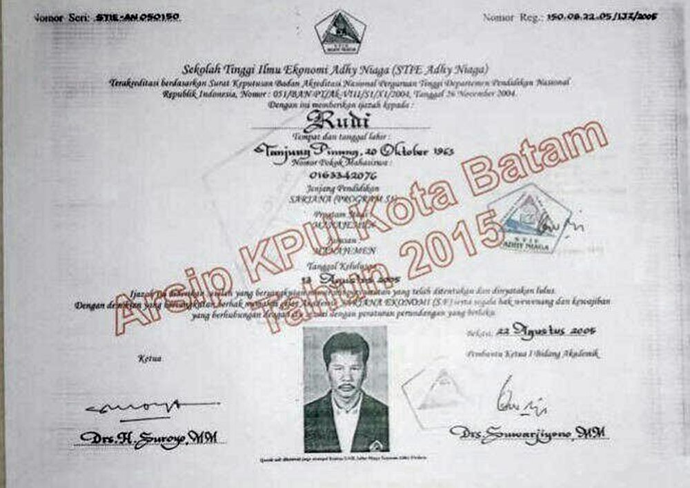 Beredar Surat verifikasi Ijazah SE Calon Walikota Batam Rudi