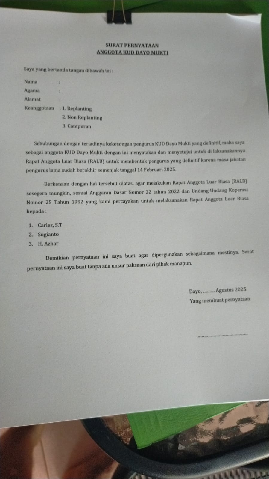 Gagas Rapat Anggota Luar Biasa Diduga  Cara Carles untuk Mewujudkan Ambisinya Merebut Ketua KUD Dayo Mukti