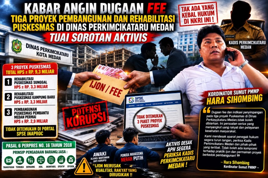 Kabar Angin Dugaan Fee Tiga Proyek Pembangunan dan Rehabilitasi Puskesmas di Dinas Perkimcikataru Medan Tuai Sorotan Aktivis