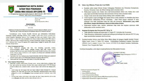 Pemko Dumai Resmi Keluarkan Surat Edaran Nomor 06 Tahun 2021 tentang PPKM Level 4