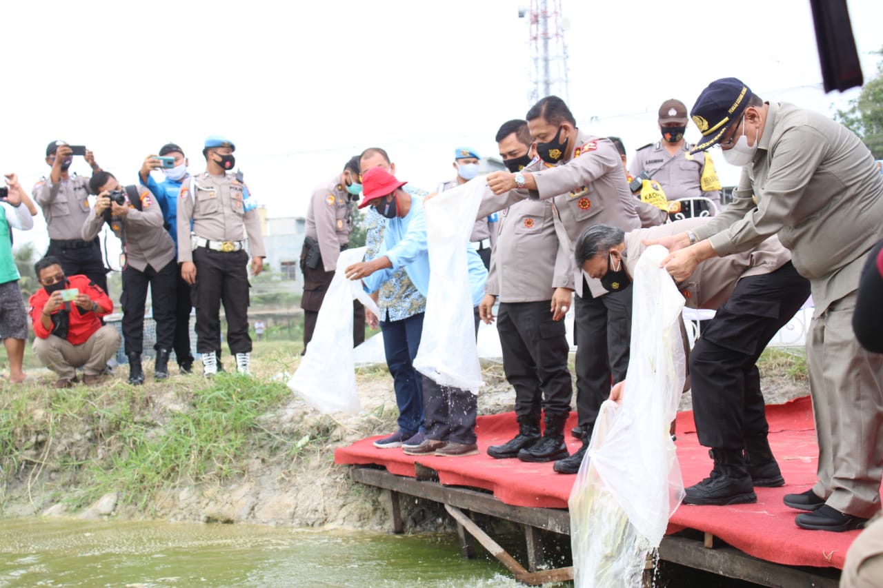 Kabaharkam Polri Tebar 10 Ribu Bibit Ikan di Kolam Percontohan Ketahanan Pangan Polres Sergai