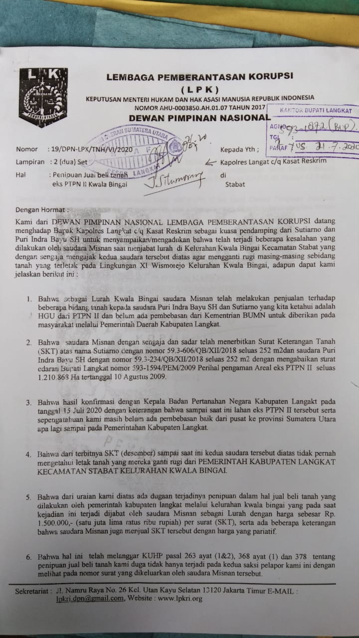 Mantan Lurah Kwala Bingai Dilaporkan Ke Polisi, Terbitkan SKT diatas Lahan PTPN II