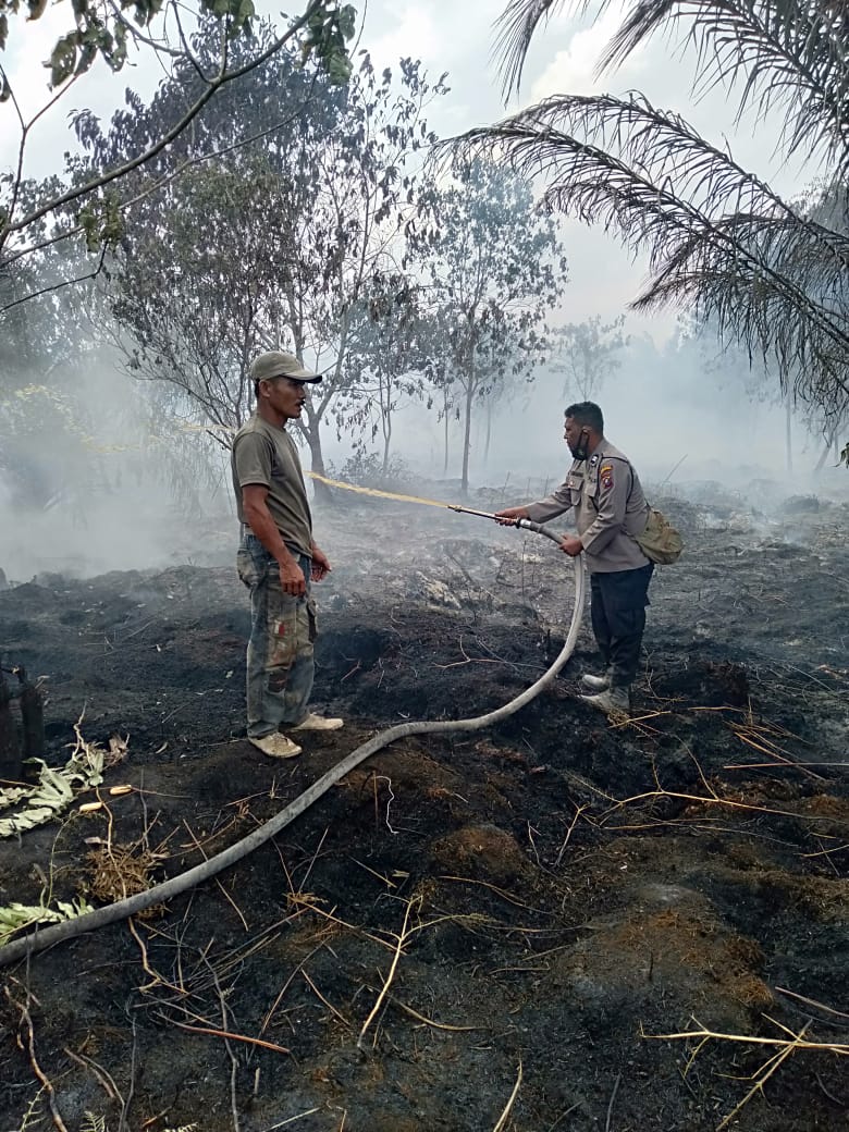 Personel Polsek Panai Tengah ikut memadamkan api di lahan Masyarakat Pasir Limau Kapas Rohil