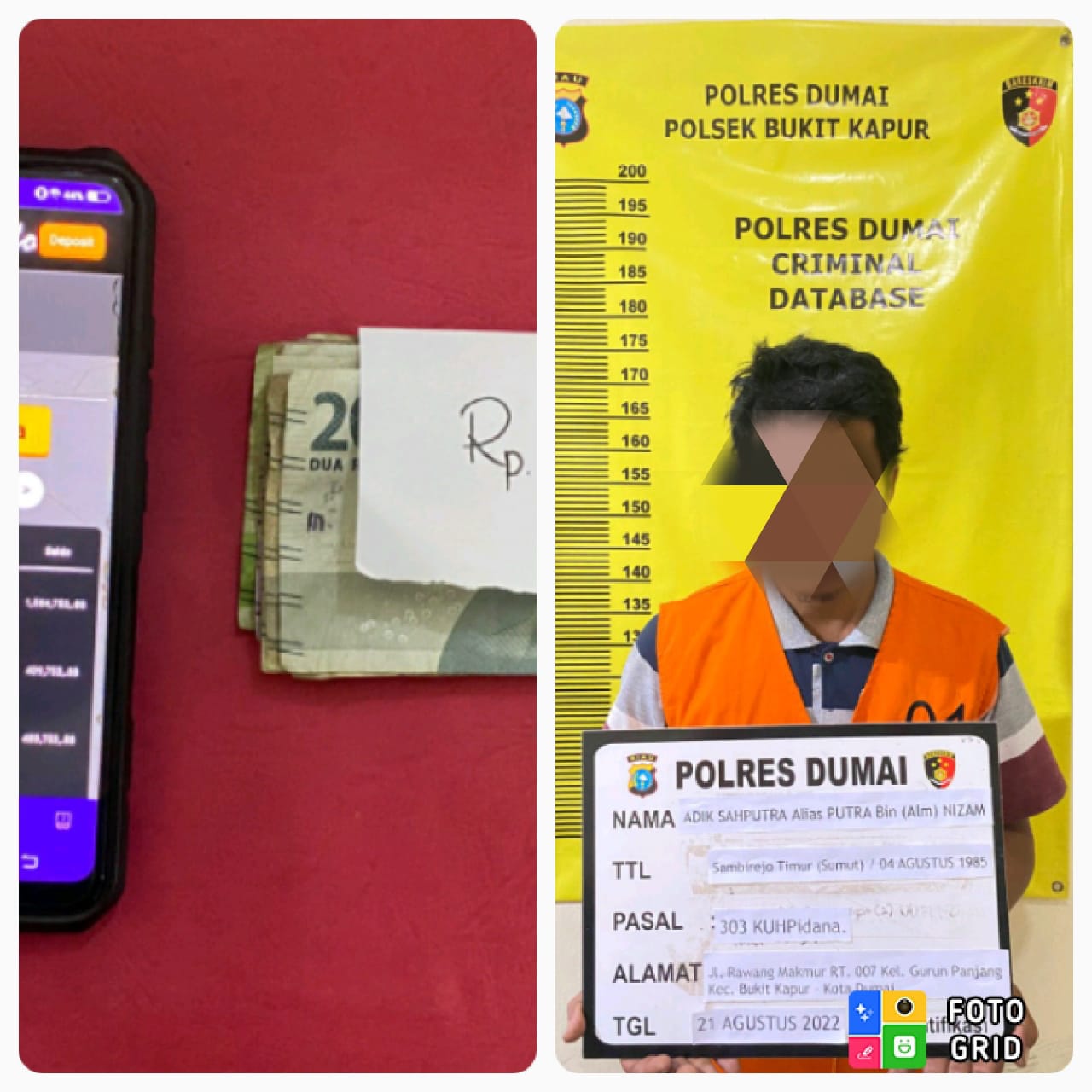 Polsek Bukit Kapur Polres Dumai Amankan AS Pelaku 303 Online